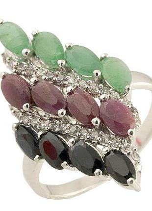 Серебряное кольцо с натуральным рубином, изумрудом и сапфиром