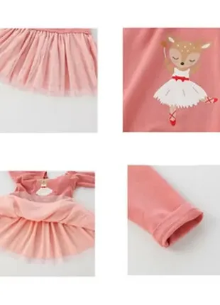 Berni kids платье для девочки с длинным рукавом, сетчатой юбкой и изображением оленя розовое ballet3 фото