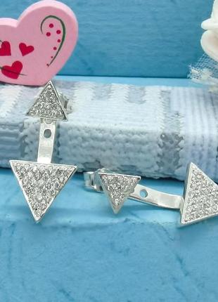 Серебряные серьги джекеты "треугольник минимум"4 фото