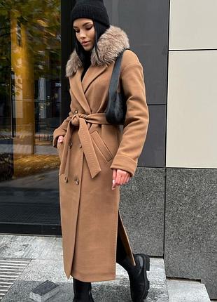 Есть видео!! зима!! до -15° пальто халат с меховым воротником поясом длинное теплое с пуговицами разрезы сбоку кэмел бежевое песочное мокко карамель