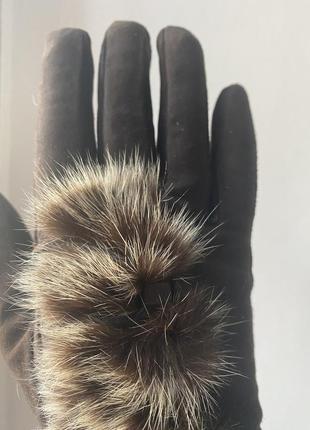 Перчатки женские замшевые шоколадные с мехом
