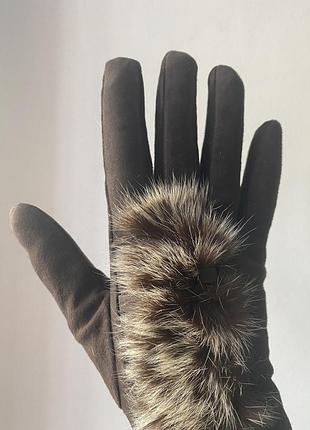 Перчатки женские замшевые шоколадные с мехом