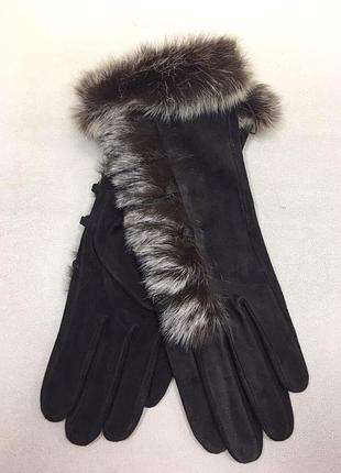 Перчатки женские замшевые шоколадные с мехом