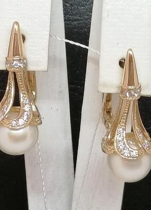 Золоті сережки з фіанітами і перлами.   св755(2)і
