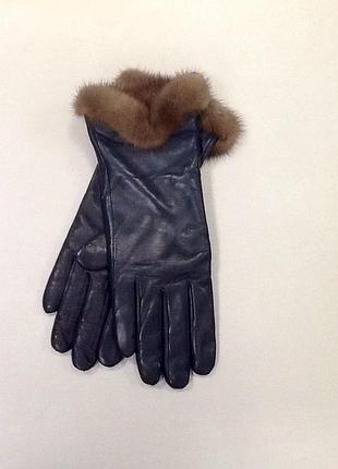 Перчатки женские кожаные с мехом норки черные