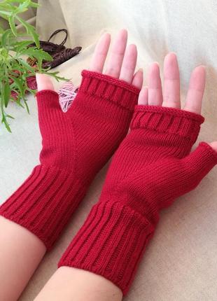 Бордові мітенки | в'язані теплі мітенки | рукавички без пальців | вовняні мітенки2 фото