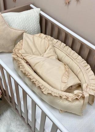 Кокон гнездо для новорожденных для сна с рюшем, поплин, бежевый топ2 фото
