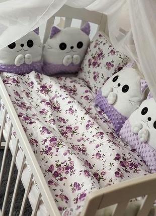 Комплект сменного постельного белья котики. балдахин, бант, подушка, простынь, защита. розовый