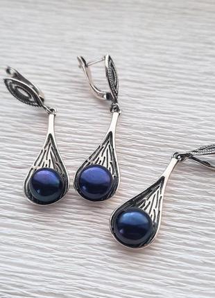 Серебряный кулон и серьги с темным жемчугом авокадо