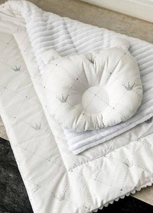 Комплект постельного детского белья в коляску простынка, подушка, одеяло плюш