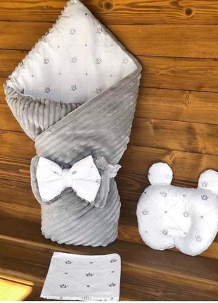 Комплект постельного детского белья в коляску простынка, подушка, одеяло плюш