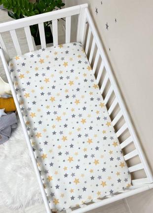 Простынь на резинке для детской кроватки фланель, stars серо-желтый топ2 фото