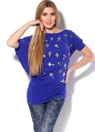 Блуза туніка синього кольору електрик з золотими хрестами оригінальний крій