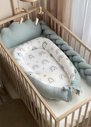 Кокон гнездо для новорожденных для сна, размер 90х65см, поплин и вафля, "nordic" радуги мята топ5 фото
