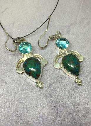 Хризоколла кварц серьги с натуральной хризоколлой и кварцем серьги с камнем хризоколла в серебре. индия!