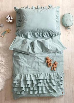 Комплект постельного белья, жатка ясли варенка с рюшами, мятный топ