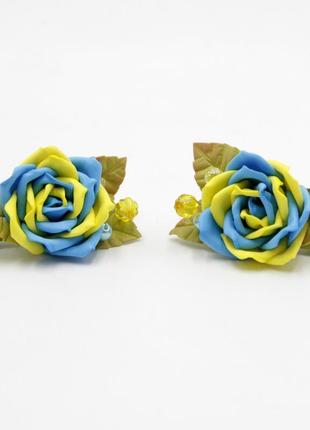 Патріотична об'ємна заколка для волосся жовто-блакитна троянда, заколка для волосся handmade, заколки з квітами на голову (1 шт.)3 фото