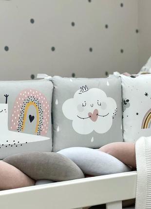 Бортики защита для детской кроватки с косой и простынью art design улитка топ1 фото
