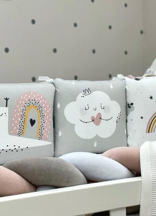 Бортики защита для детской кроватки с косой и простынью art design улитка топ