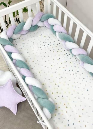 Бортик коса защита для детской кроватки, длина 220 см, велюр белый темная мята лила топ5 фото