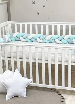 Бортик коса защита для детской кроватки, длина 220 см, велюр белый мята светлая мята яркая топ