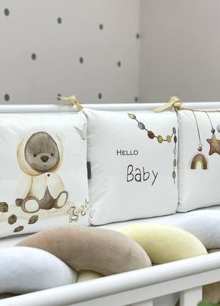 Бортики защита для детской кроватки с косой и простынью art design мишка топ