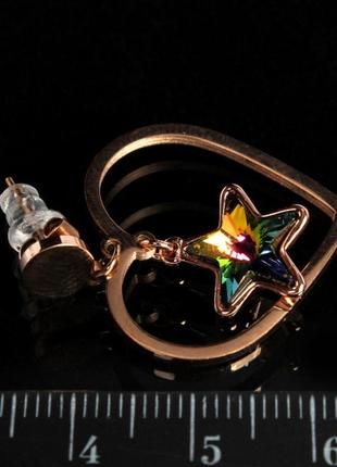 Cерьги cердце золотые с камнями swarovski/сваровски, женские сережки гвоздики звезды с камнями под золото топ