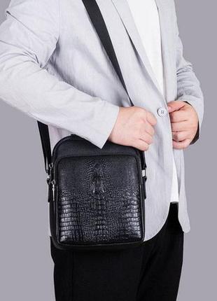 Чоловіча сумка планшетка крокодил шкіра чорна, якісна сумка-планшетка з крокодилом4 фото