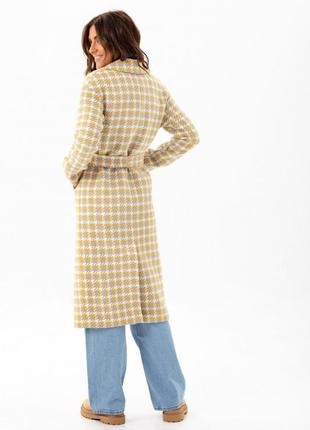 Пальто женское миди шерстяное демисезонное с узором в цветную лапку,  желто-серое9 фото