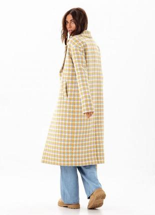 Пальто женское миди шерстяное демисезонное с узором в цветную лапку,  желто-серое4 фото