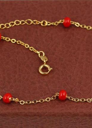Браслет xuping jewelry на ногу c червоними перлинами 23 см домішка ланцюга 3 см золотистий