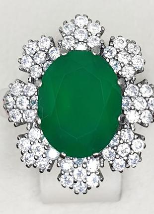 Кольцо серебряное с зеленым агатом "хризантема" 17 3,01 г