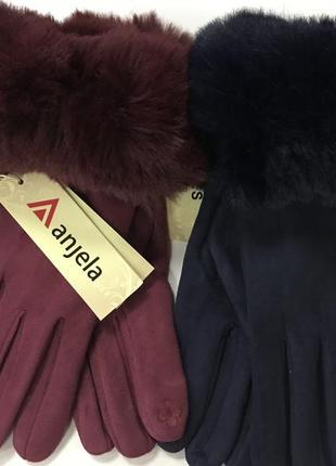 Перчатки женские эко замша мех "сенсор" для телефонов только бордовые