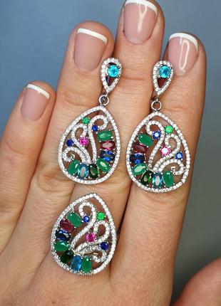 Перстень срібне з смарагдом, рубіном, блакитним топазом 7,37 г