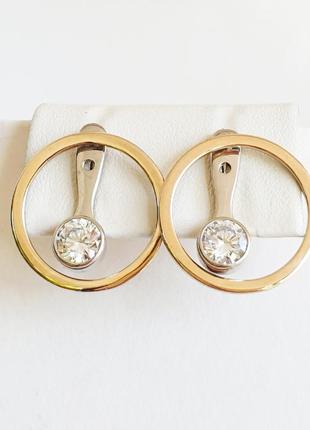 Сережки-пусеты серебряные с кубическим цирконием и золотыми пластинами 3,8 г