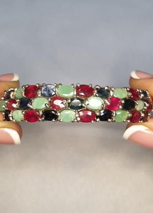 Браслет серебряный с изумрудом, рубином и сапфиром 37,6 г