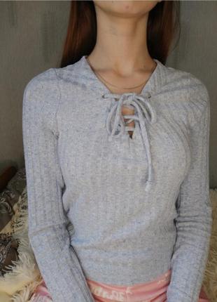 Сіра кофточка в рубчик з шнурівкою сірий джемпер світер свитер с шнуровкой 46 48 распродажа розпродаж