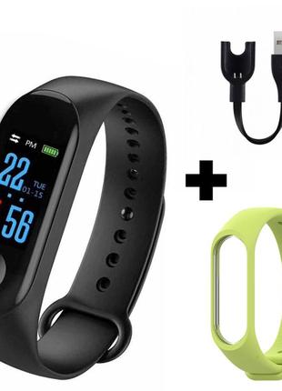 Фитнес-браслет smart bracelet mi band m3. штекер зарядка. черный и салатовый