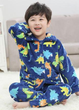 Пижама детская теплая с динозаврами catt 110 синий