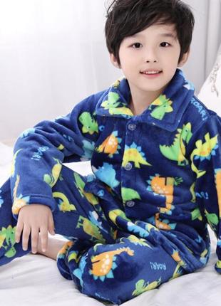 Пижама детская теплая с динозаврами catt 110 синий3 фото