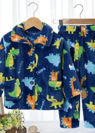 Пижама детская теплая с динозаврами catt 110 синий2 фото