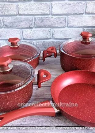 Набор посуды с антипригарным покрытием (турция) oms 3005.01.02-red 7 пр4 фото