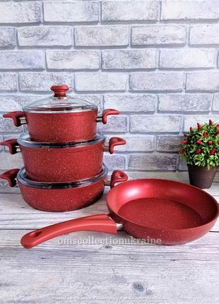 Набор посуды с антипригарным покрытием (турция) oms 3005.01.02-red 7 пр1 фото