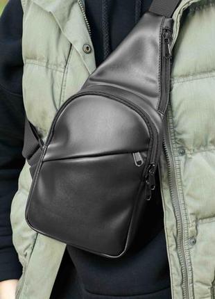 Чоловіча сумка-слінг через плече set з екошкіри чорна бананка нагрудна однолямкові рюкзаки через пле8 фото