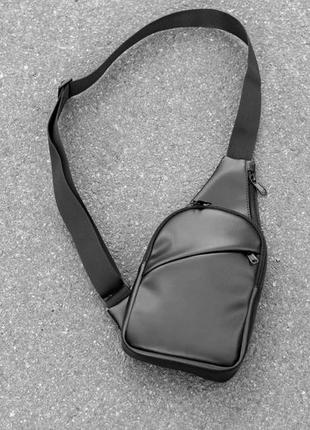Чоловіча сумка-слінг через плече set з екошкіри чорна бананка нагрудна однолямкові рюкзаки через пле3 фото