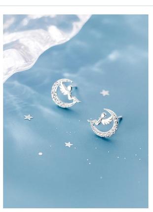 Серьги-гвоздики ангелочки на луне с камнями, маленькие детские сережки, серебряное покрытие 925 пробы, 7*8 мм3 фото