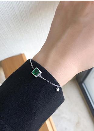 Браслет изумруд с квадратным фианитом, браслет с темно-зеленым камнем, серебряное покрытие 925 пробы, 16+5 см