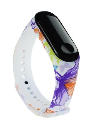 Силіконовий ремінець mrk для фітнес браслета xiaomi mi band 4/3 з малюнком violet flowers (mrk21042017)1 фото