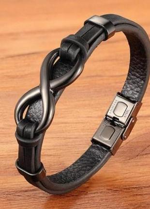 Мужской кожаный браслет на руку черный бесконечность
