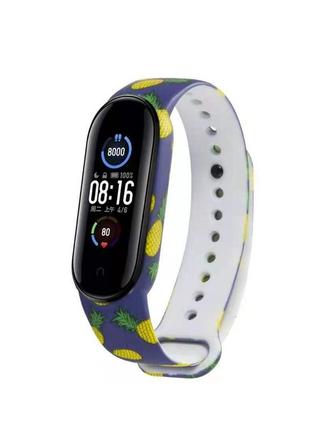 Силіконовий ремінець mrk для фітнес браслета xiaomi mi band 7/6/5 з малюнком pineapple з металевою кнопкою (mrk3090)